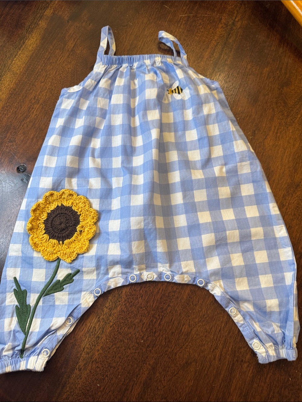 Mud Pie Blue Gingham Sunflower Baby Romper